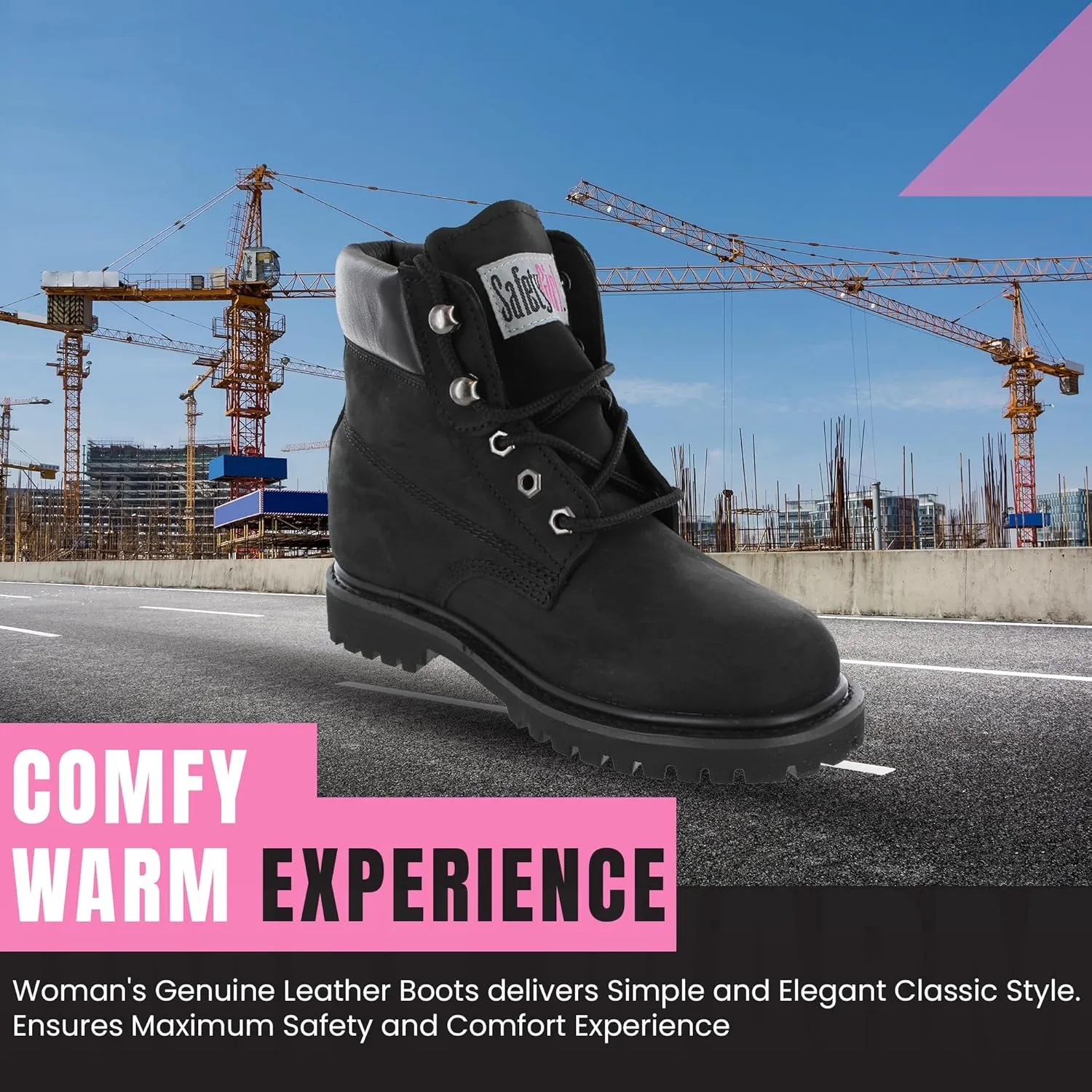 Women’s Work Boots | Waterproof Leather Work Boots for Women | Oil & Slip-Resistant Soft Toe Boots for Women | Premium Nubuck Leather | Lightweight and Comfortable | Black Leather - 8.5M