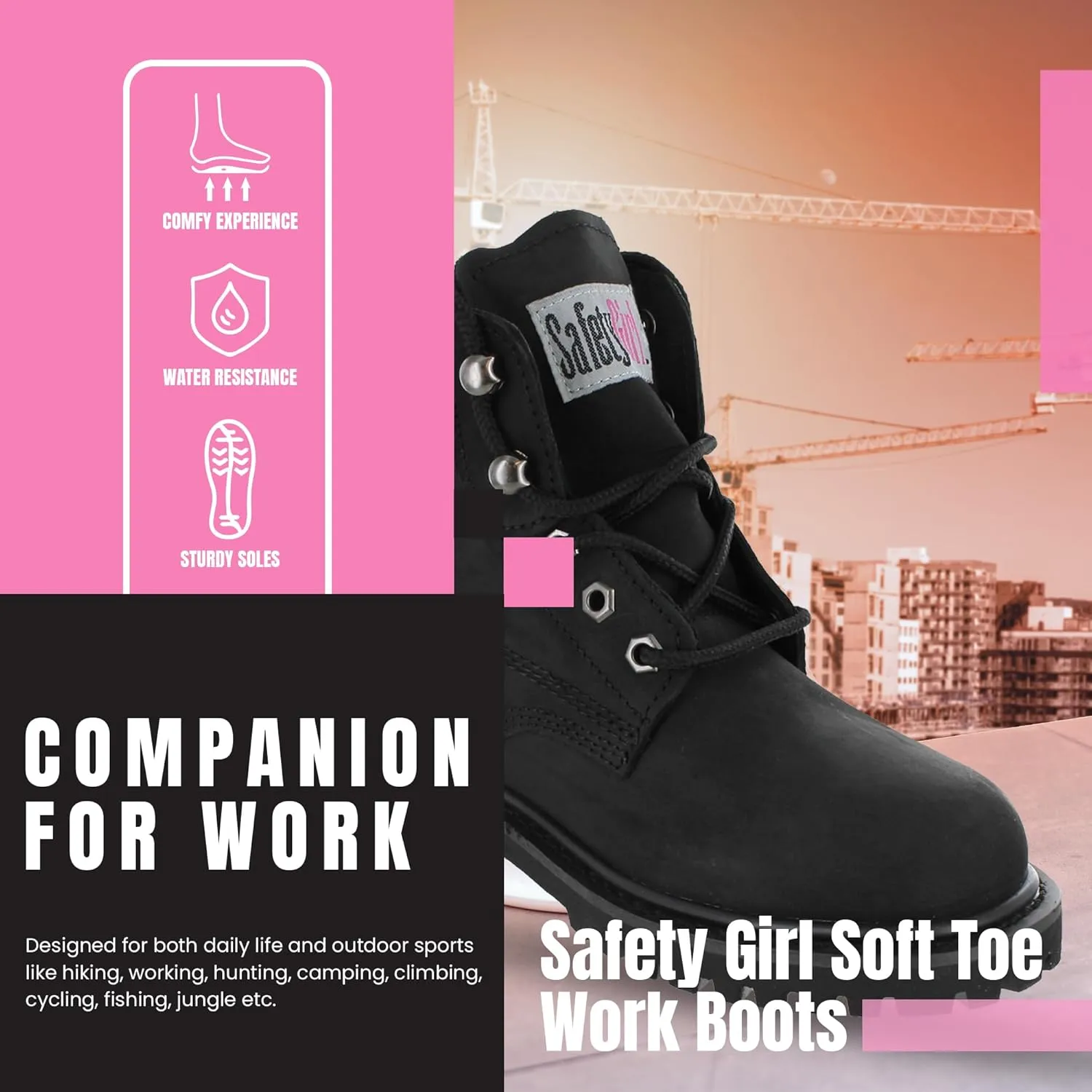 Women’s Work Boots | Waterproof Leather Work Boots for Women | Oil & Slip-Resistant Soft Toe Boots for Women | Premium Nubuck Leather | Lightweight and Comfortable | Black Leather - 8.5M