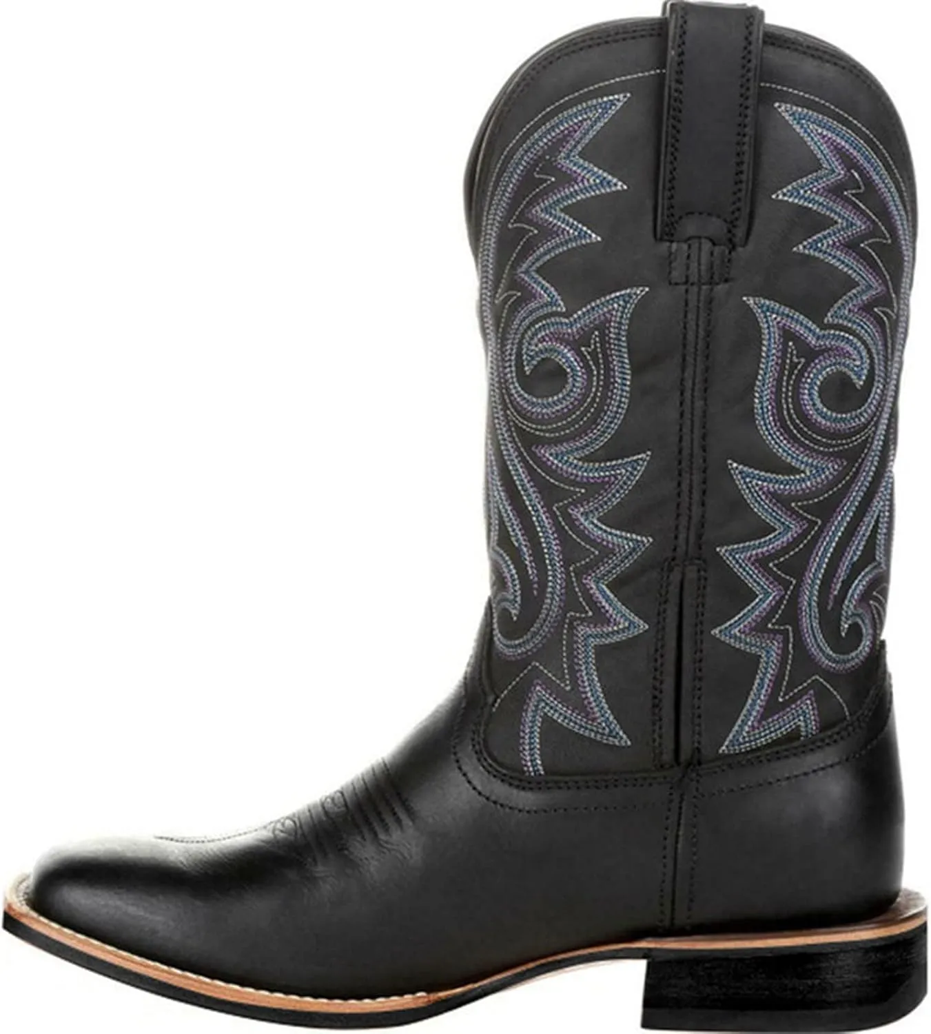 Work Boots for Men Western Square Toe Cowboy Boots Retro Leather Embroidery Casual Chunky Heel Wide Calf Pull On Boots