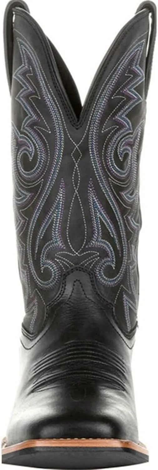 Work Boots for Men Western Square Toe Cowboy Boots Retro Leather Embroidery Casual Chunky Heel Wide Calf Pull On Boots