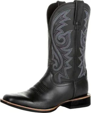 Work Boots for Men Western Square Toe Cowboy Boots Retro Leather Embroidery Casual Chunky Heel Wide Calf Pull On Boots