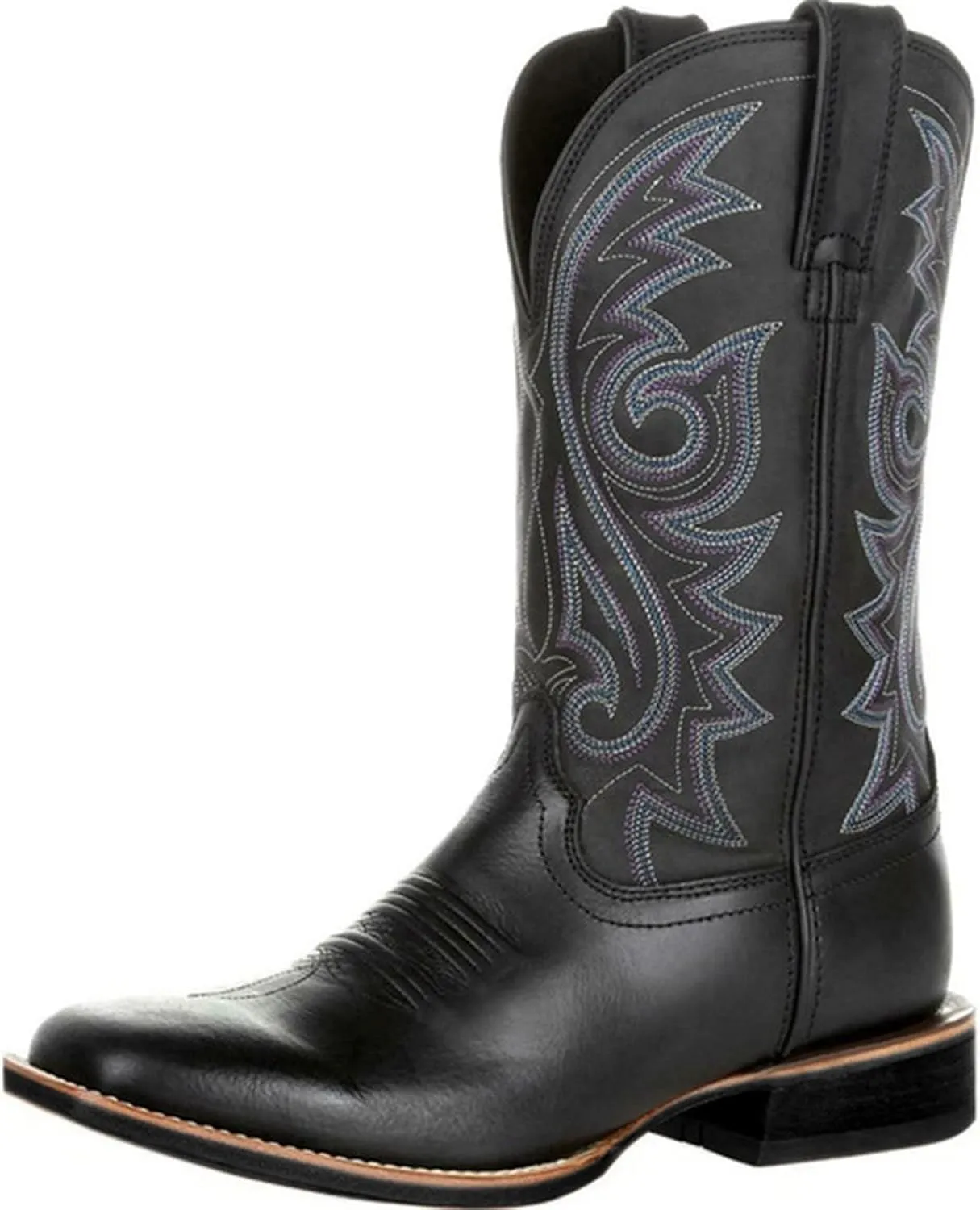 Work Boots for Men Western Square Toe Cowboy Boots Retro Leather Embroidery Casual Chunky Heel Wide Calf Pull On Boots