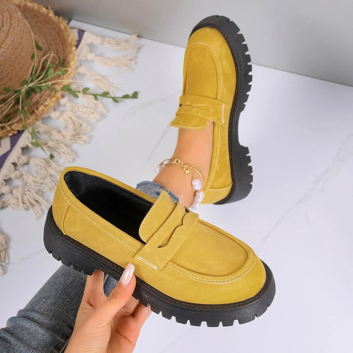 Work Shoes for Women Platform Oxford Shoes Chunky Loafers Comfortable Penny Loafers Dressy Casual Shoes Office Shoes