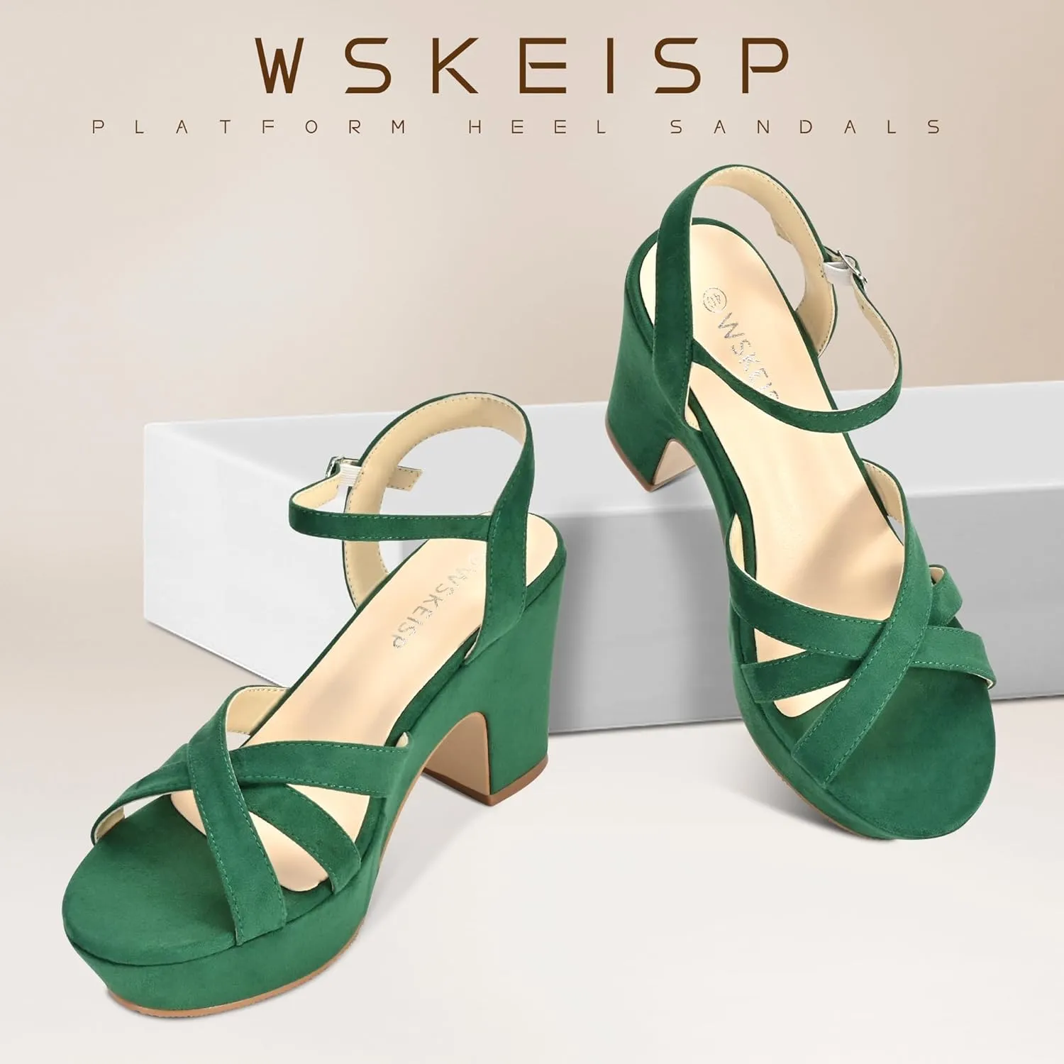 WSKEISP Women's Platform Heels Sandals Ankle Strap Block Chunky Heel Suede Peep Toe Fashion Dress Wedding High Heeled Wedges Pumps