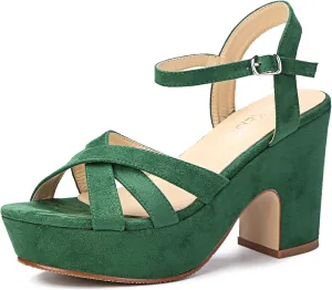 WSKEISP Women's Platform Heels Sandals Ankle Strap Block Chunky Heel Suede Peep Toe Fashion Dress Wedding High Heeled Wedges Pumps