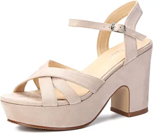 WSKEISP Women's Platform Heels Sandals Ankle Strap Block Chunky Heel Suede Peep Toe Fashion Dress Wedding High Heeled Wedges Pumps