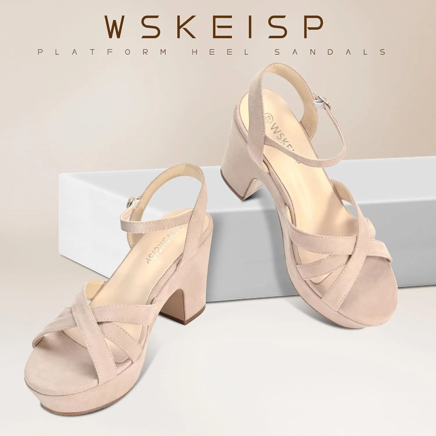 WSKEISP Women's Platform Heels Sandals Ankle Strap Block Chunky Heel Suede Peep Toe Fashion Dress Wedding High Heeled Wedges Pumps