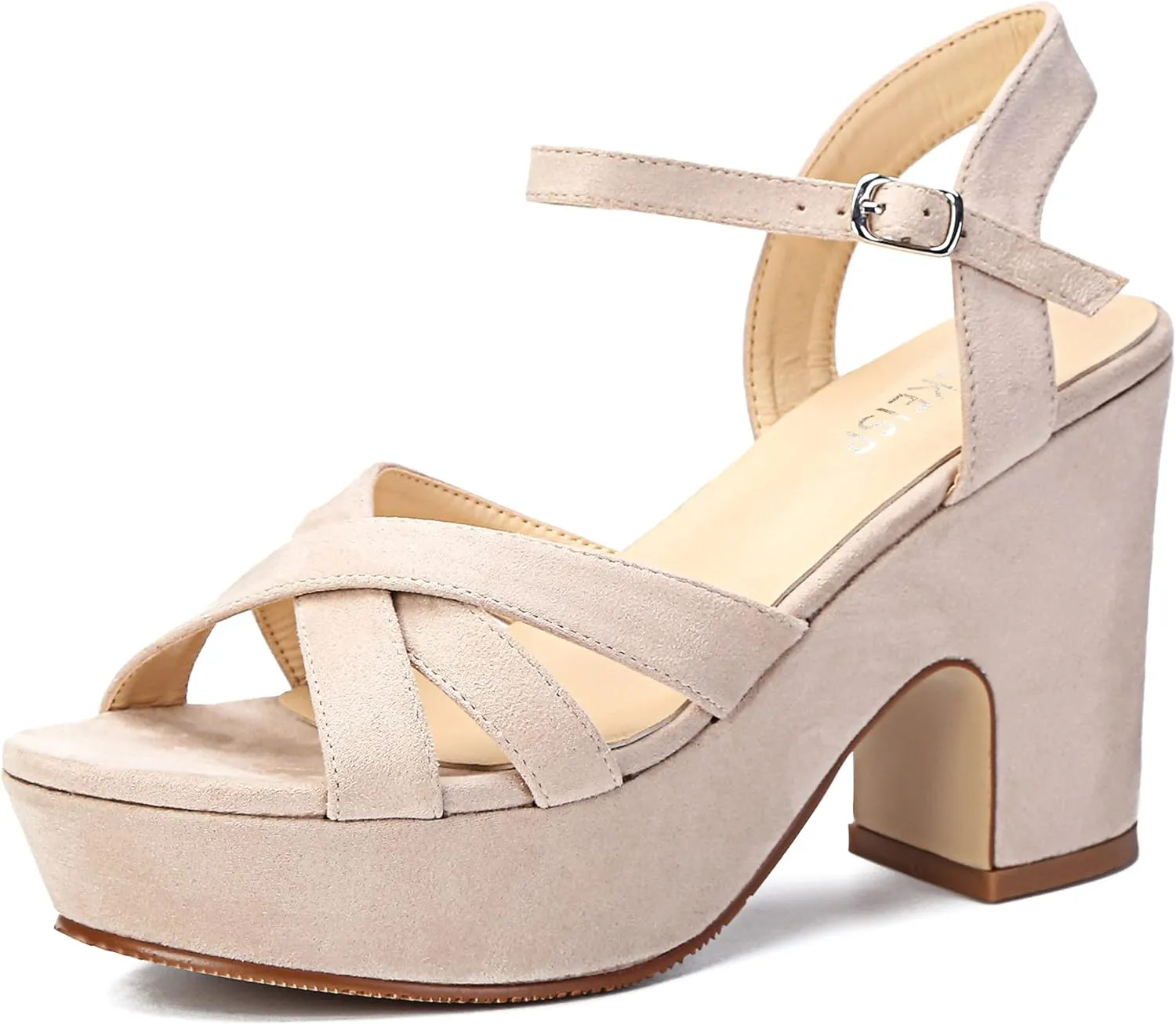 WSKEISP Women's Platform Heels Sandals Ankle Strap Block Chunky Heel Suede Peep Toe Fashion Dress Wedding High Heeled Wedges Pumps
