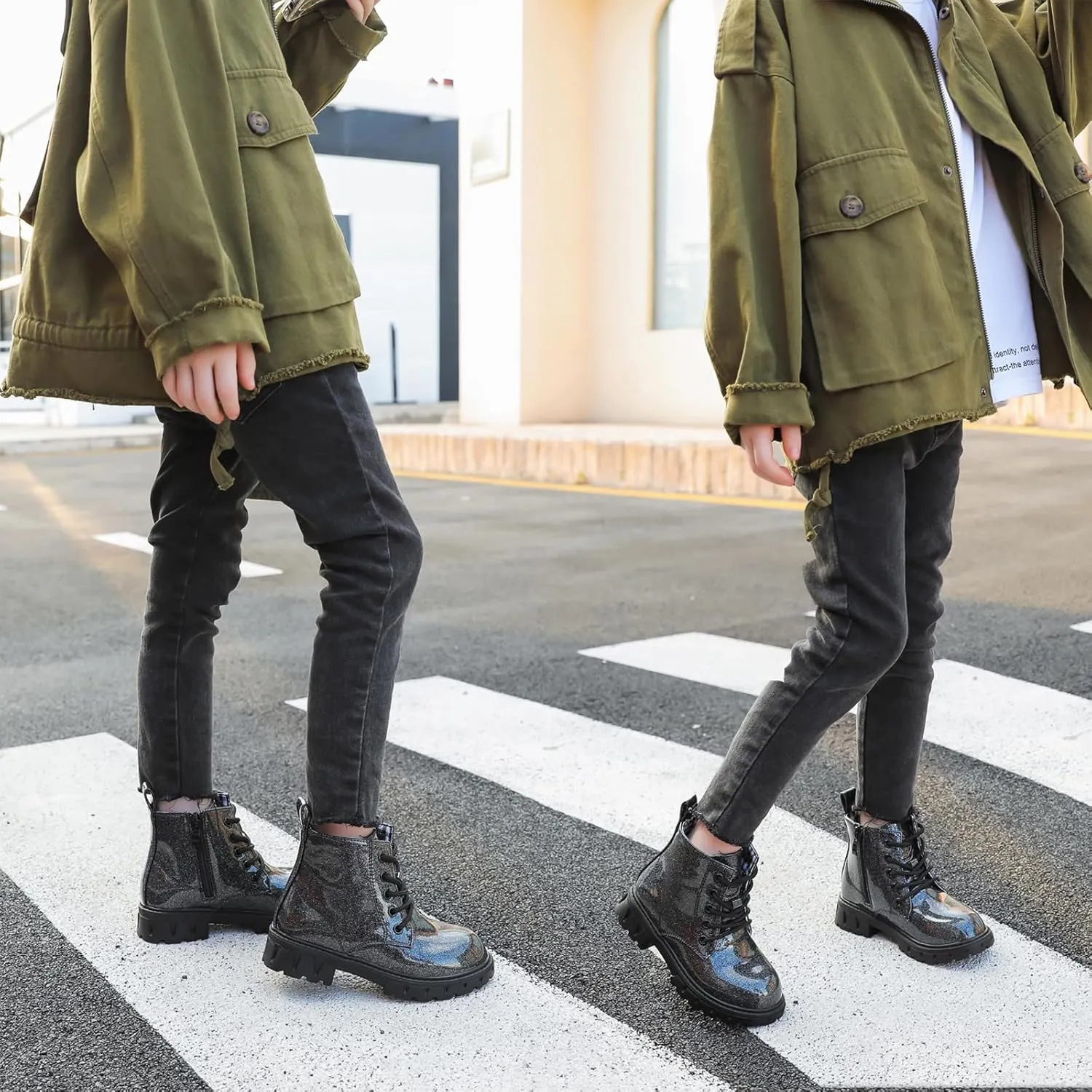 WUIWUIYU Boys Girls Combat Boots Waterproof Zip-up Hiking Ankle Boots Short Booties Desert Motorcyle Boots