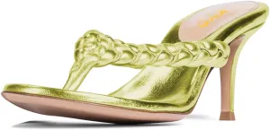 XYD Women Braided Strap Flip Fliops Almond Open Toe Thin Mid Heel Sandals Summer Chic Slip-on Thong Dress Shoes