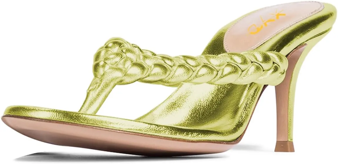 XYD Women Braided Strap Flip Fliops Almond Open Toe Thin Mid Heel Sandals Summer Chic Slip-on Thong Dress Shoes