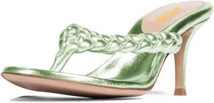 XYD Women Braided Strap Flip Fliops Almond Open Toe Thin Mid Heel Sandals Summer Chic Slip-on Thong Dress Shoes