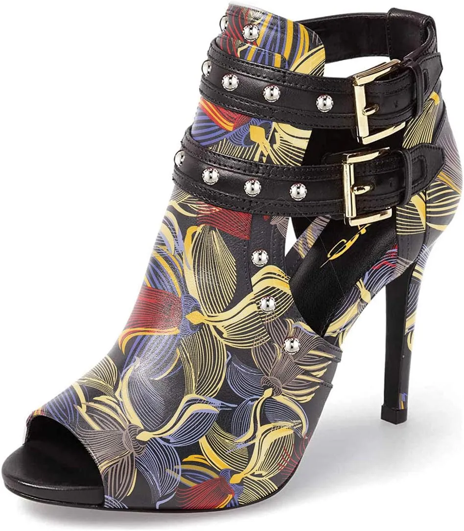 XYD Women Chic Studs Peep Toe Ankle Bootie High Heel Pumps Buckled Double Straps Cutout Fashion Party Shoes