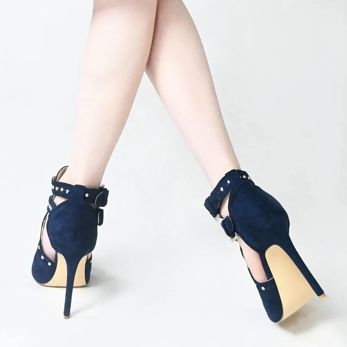 XYD Women Chic Studs Peep Toe Ankle Bootie High Heel Pumps Buckled Double Straps Cutout Fashion Party Shoes