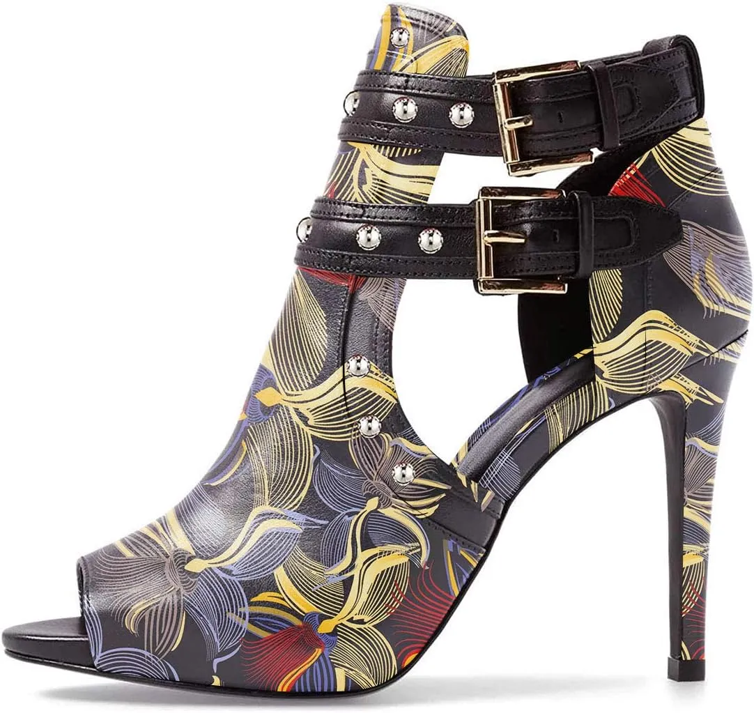 XYD Women Chic Studs Peep Toe Ankle Bootie High Heel Pumps Buckled Double Straps Cutout Fashion Party Shoes