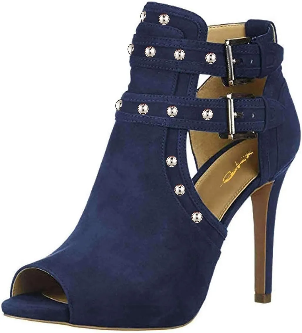 XYD Women Chic Studs Peep Toe Ankle Bootie High Heel Pumps Buckled Double Straps Cutout Fashion Party Shoes