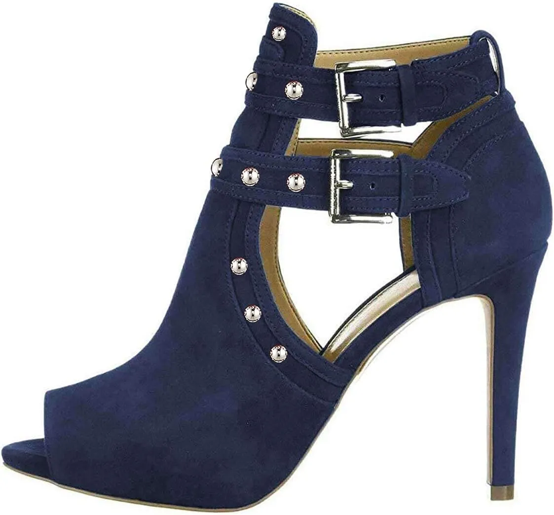 XYD Women Chic Studs Peep Toe Ankle Bootie High Heel Pumps Buckled Double Straps Cutout Fashion Party Shoes