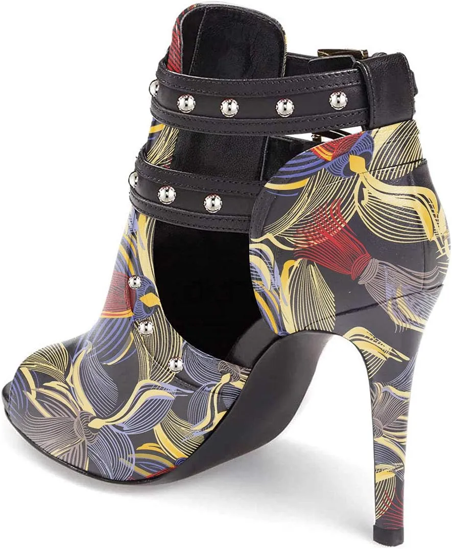 XYD Women Chic Studs Peep Toe Ankle Bootie High Heel Pumps Buckled Double Straps Cutout Fashion Party Shoes