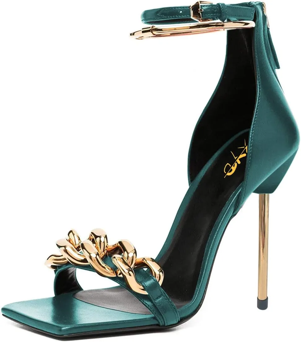 XYD Women Sexy Stiletto Heel Sandals Open Square Toe Metal Ring Back Zip Chic Party Shoes