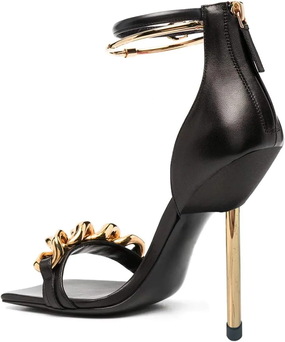 XYD Women Sexy Stiletto Heel Sandals Open Square Toe Metal Ring Back Zip Chic Party Shoes