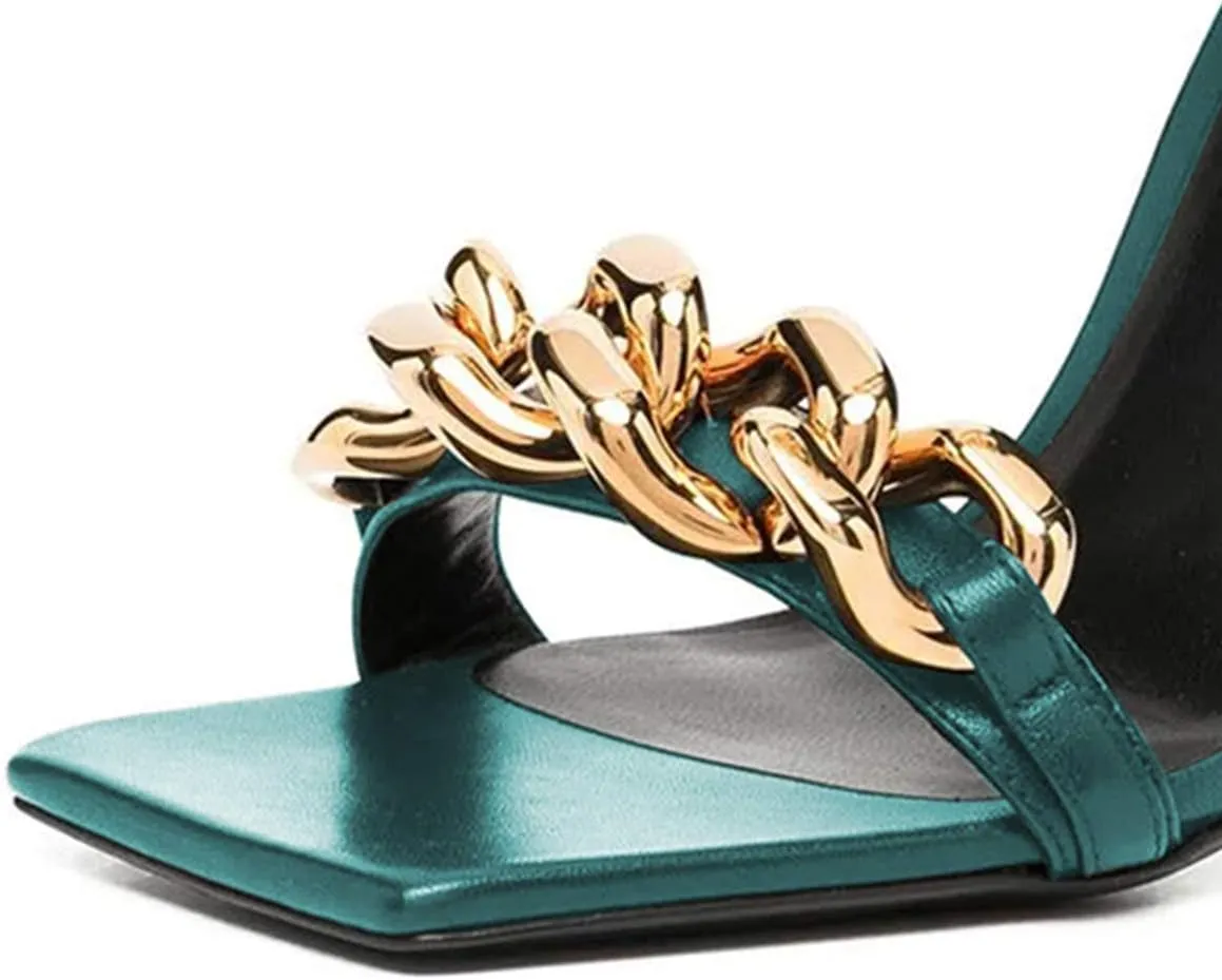 XYD Women Sexy Stiletto Heel Sandals Open Square Toe Metal Ring Back Zip Chic Party Shoes