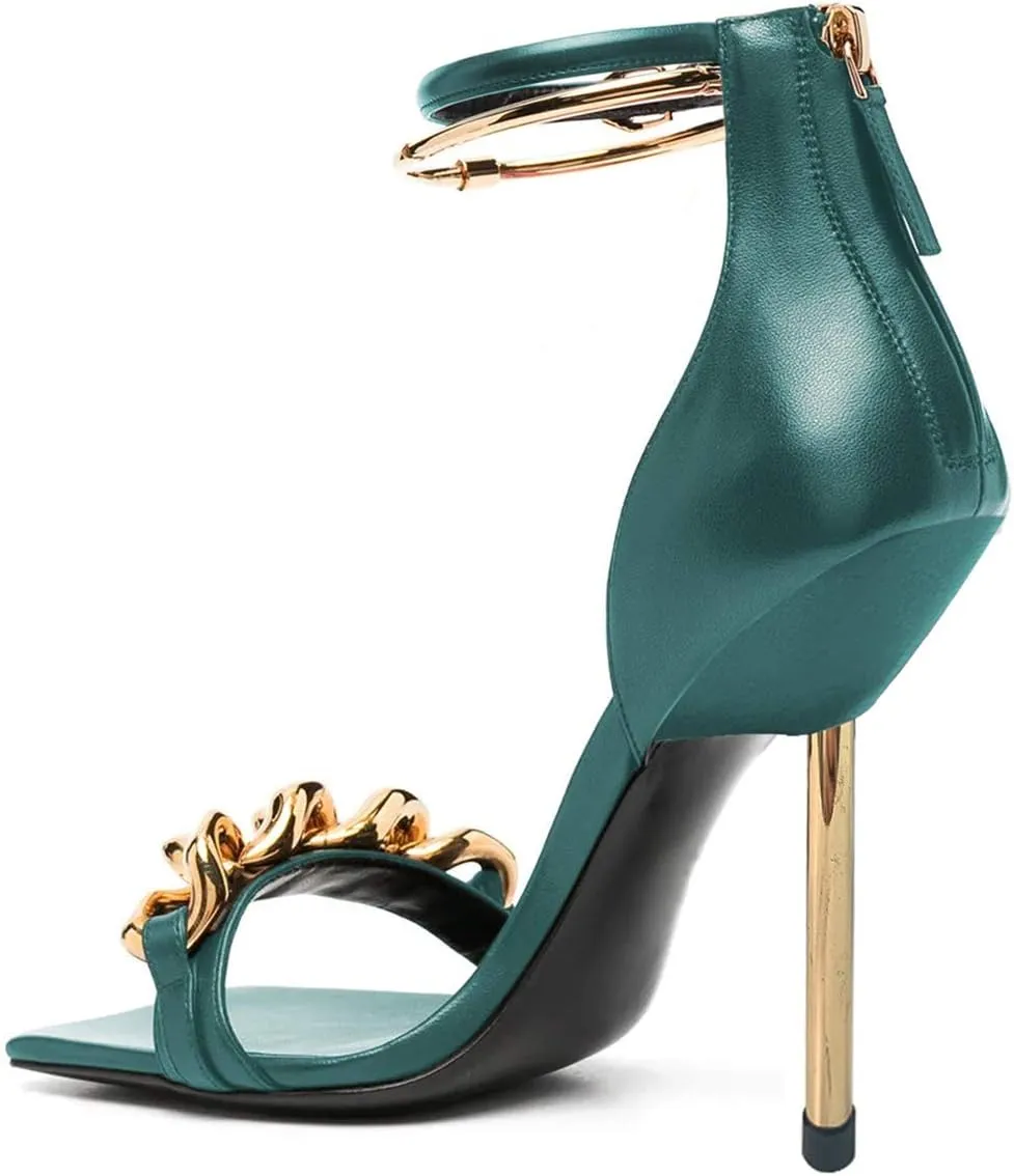 XYD Women Sexy Stiletto Heel Sandals Open Square Toe Metal Ring Back Zip Chic Party Shoes
