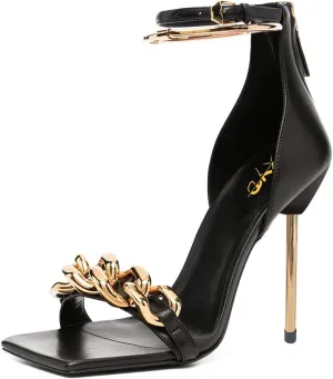 XYD Women Sexy Stiletto Heel Sandals Open Square Toe Metal Ring Back Zip Chic Party Shoes