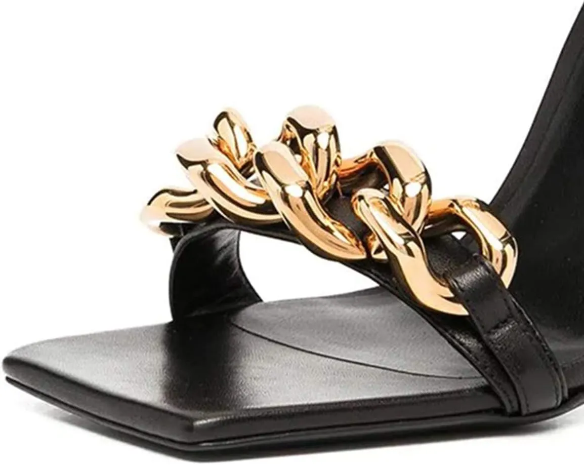 XYD Women Sexy Stiletto Heel Sandals Open Square Toe Metal Ring Back Zip Chic Party Shoes