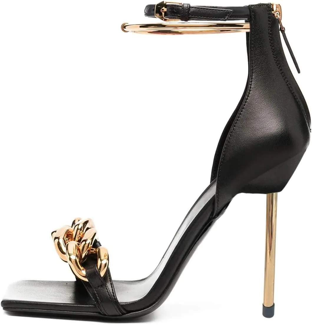 XYD Women Sexy Stiletto Heel Sandals Open Square Toe Metal Ring Back Zip Chic Party Shoes
