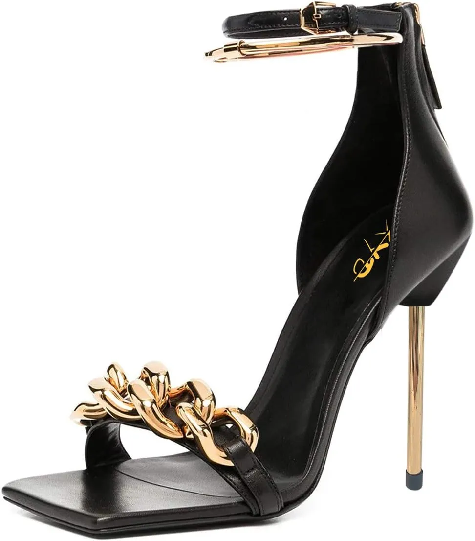 XYD Women Sexy Stiletto Heel Sandals Open Square Toe Metal Ring Back Zip Chic Party Shoes
