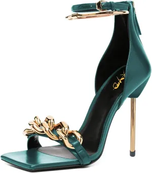 XYD Women Sexy Stiletto Heel Sandals Open Square Toe Metal Ring Back Zip Chic Party Shoes