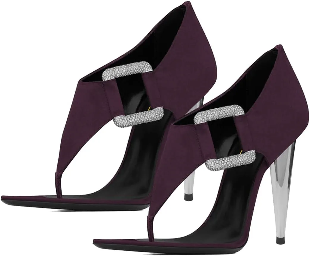 XYD Women's Chic Open Pointed Toe Sandals Back Zip Satin Pumps Cone High Heels Rhinestone Square Buckle Evening Prom Event Shoes
