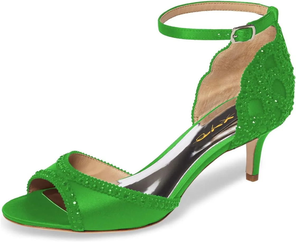 XYD Women's Sandals, Chic Peep Toe, D'Orsay Kitten Low Heels, Rhinestone Studs, Ankle Strap Satin Shoes for Wedding Ballroom