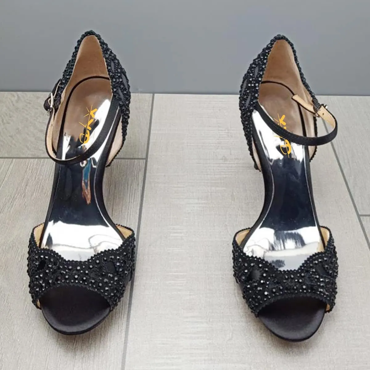 XYD Women's Sandals, Chic Peep Toe, D'Orsay Kitten Low Heels, Rhinestone Studs, Ankle Strap Satin Shoes for Wedding Ballroom