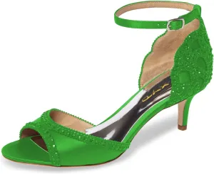 XYD Women's Sandals, Chic Peep Toe, D'Orsay Kitten Low Heels, Rhinestone Studs, Ankle Strap Satin Shoes for Wedding Ballroom