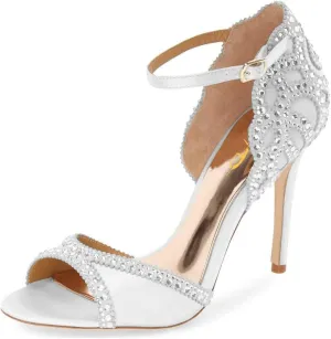 XYD Women's Sandals, Chic Peep Toe, D'Orsay Stiletto High Heels, Rhinestone Studs, Ankle Strap Satin Shoes for Wedding Ballroom