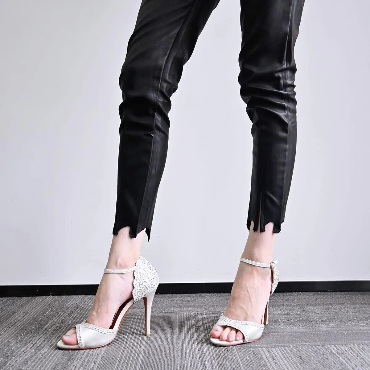 XYD Women's Sandals, Chic Peep Toe, D'Orsay Stiletto High Heels, Rhinestone Studs, Ankle Strap Satin Shoes for Wedding Ballroom