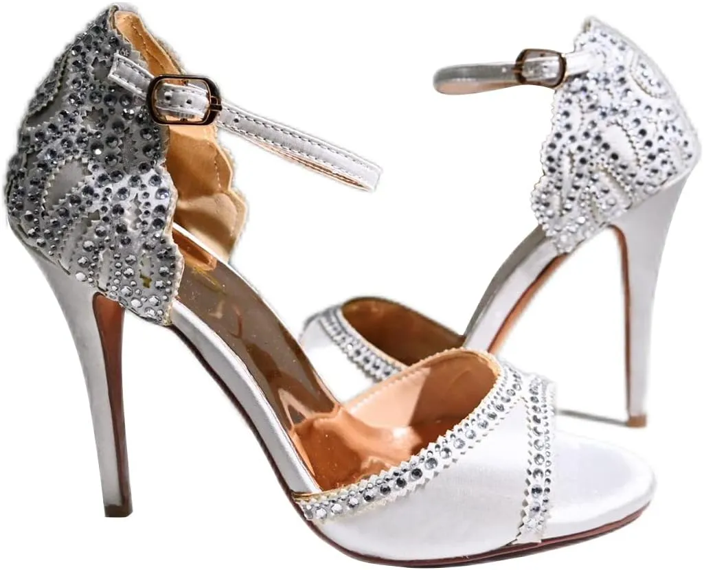 XYD Women's Sandals, Chic Peep Toe, D'Orsay Stiletto High Heels, Rhinestone Studs, Ankle Strap Satin Shoes for Wedding Ballroom