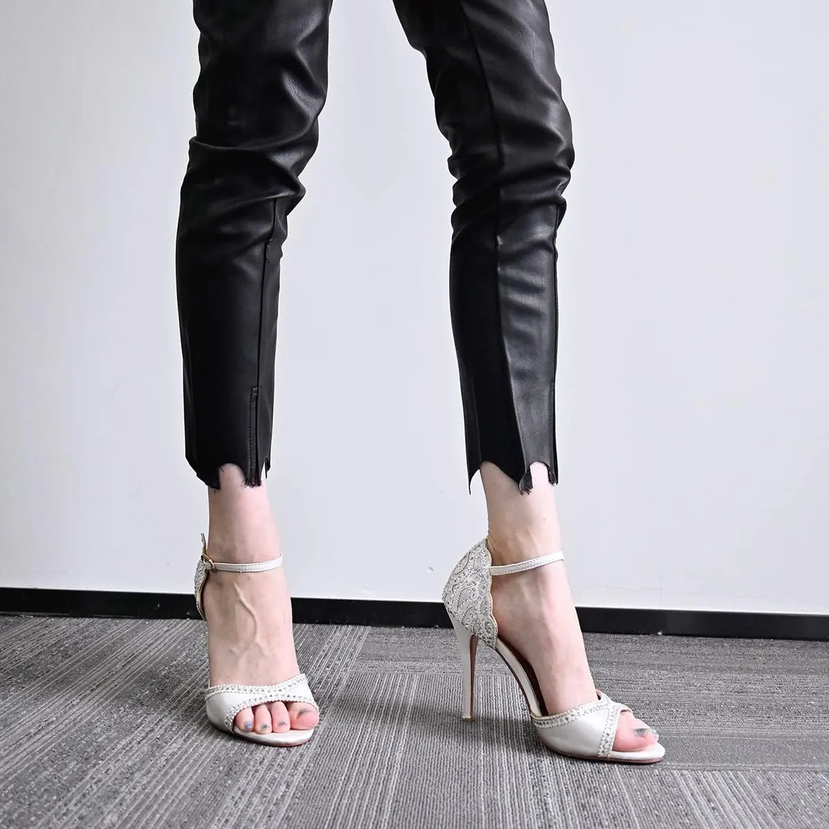 XYD Women's Sandals, Chic Peep Toe, D'Orsay Stiletto High Heels, Rhinestone Studs, Ankle Strap Satin Shoes for Wedding Ballroom