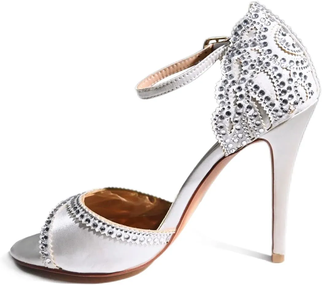 XYD Women's Sandals, Chic Peep Toe, D'Orsay Stiletto High Heels, Rhinestone Studs, Ankle Strap Satin Shoes for Wedding Ballroom