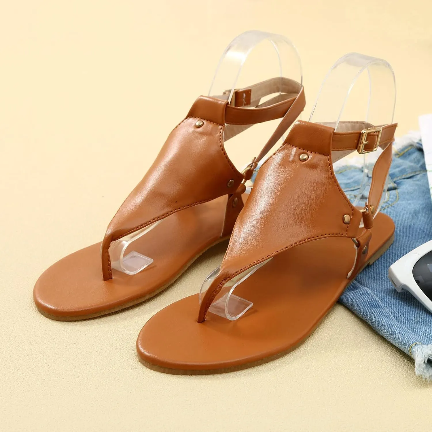 Yanzhenglip Ankle Strap Sandals for Women, Dressy Thong Sandals Women's Clip Toe Ankle Flats Sandals Summer Casual Gladiator Sandals Dressy Womens Walking Sandals