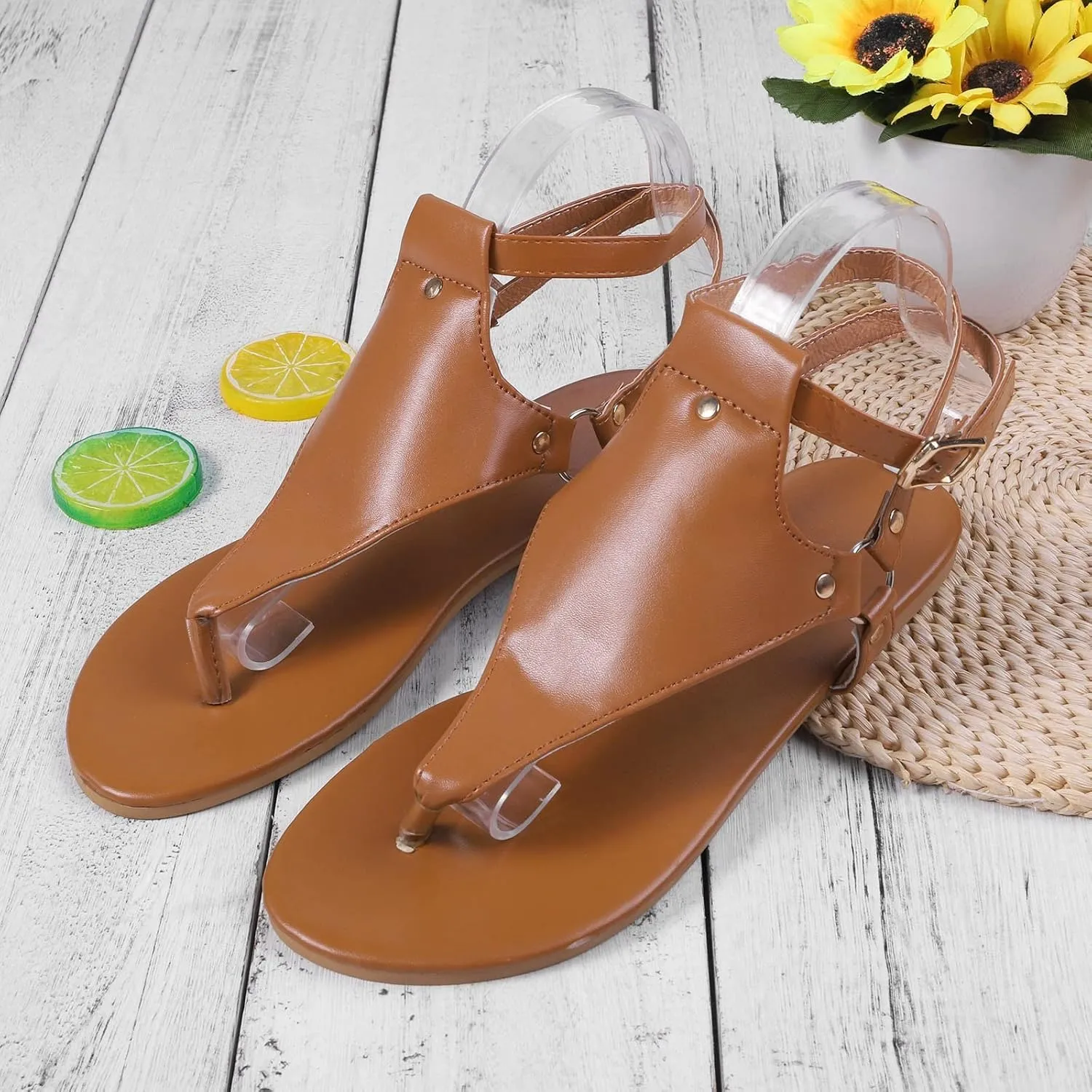 Yanzhenglip Ankle Strap Sandals for Women, Dressy Thong Sandals Women's Clip Toe Ankle Flats Sandals Summer Casual Gladiator Sandals Dressy Womens Walking Sandals
