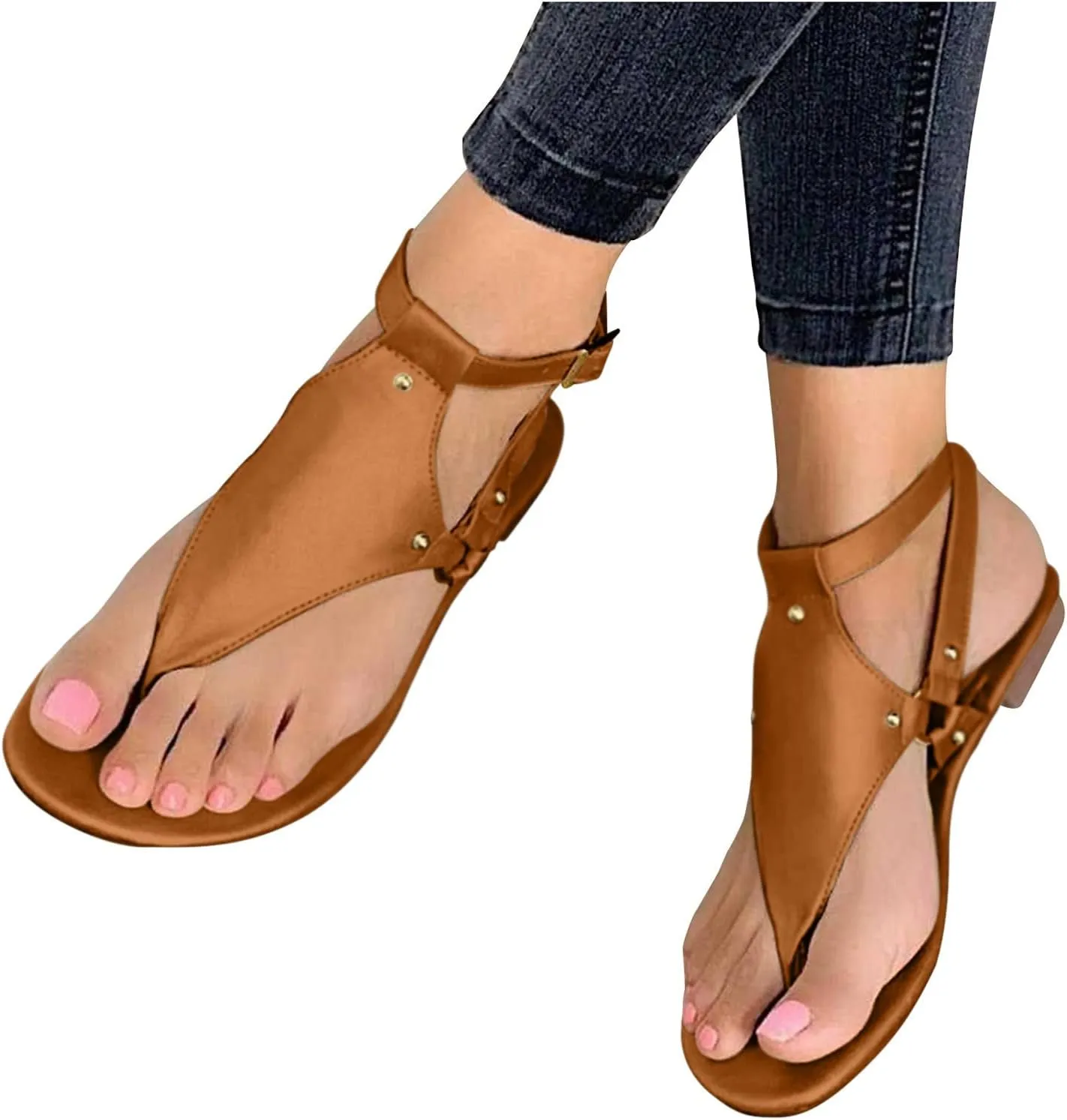 Yanzhenglip Ankle Strap Sandals for Women, Dressy Thong Sandals Women's Clip Toe Ankle Flats Sandals Summer Casual Gladiator Sandals Dressy Womens Walking Sandals