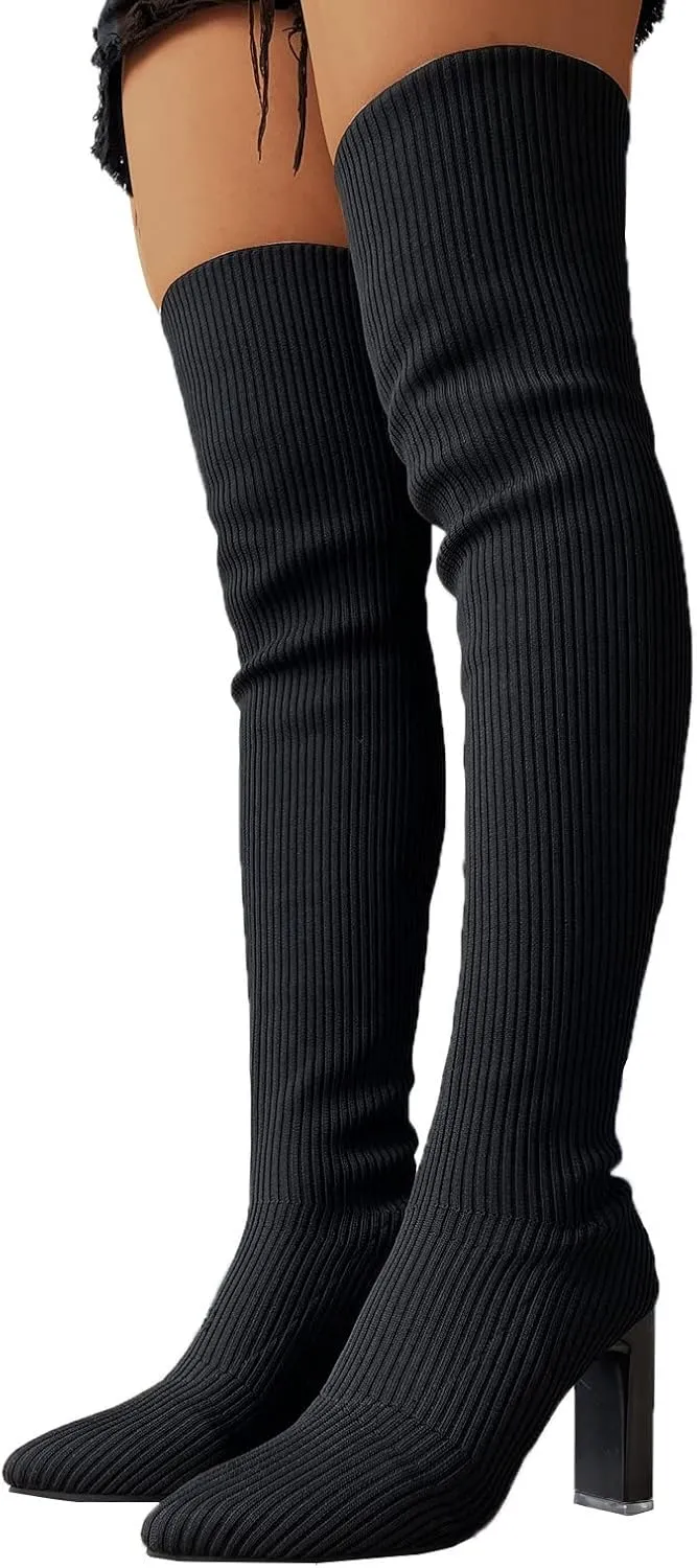 Yanzhenglip Over The Knee Boots for Women Wide Calf Plus Size, Long Boots Knee-High Heel Boots Women's Black Sexy High Boots Chunky Heel Flock Winter Summer Fashion Thigh boots