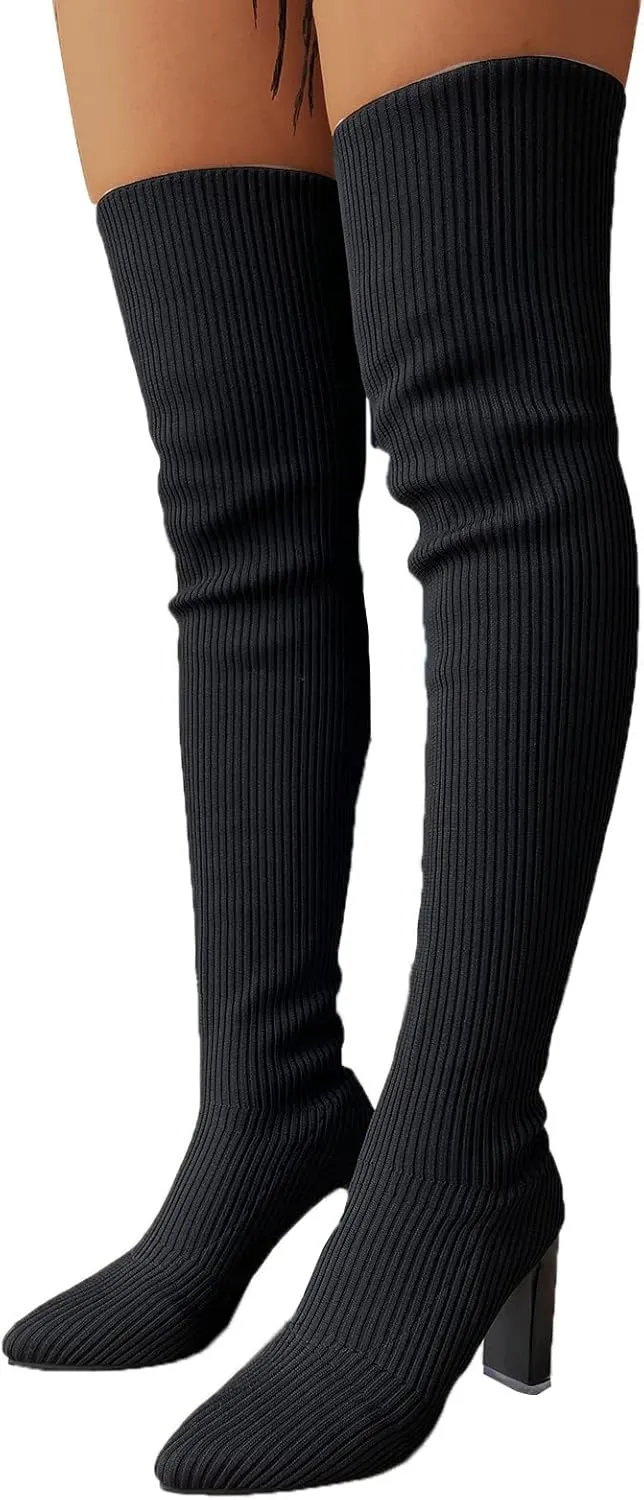 Yanzhenglip Over The Knee Boots for Women Wide Calf Plus Size, Long Boots Knee-High Heel Boots Women's Black Sexy High Boots Chunky Heel Flock Winter Summer Fashion Thigh boots