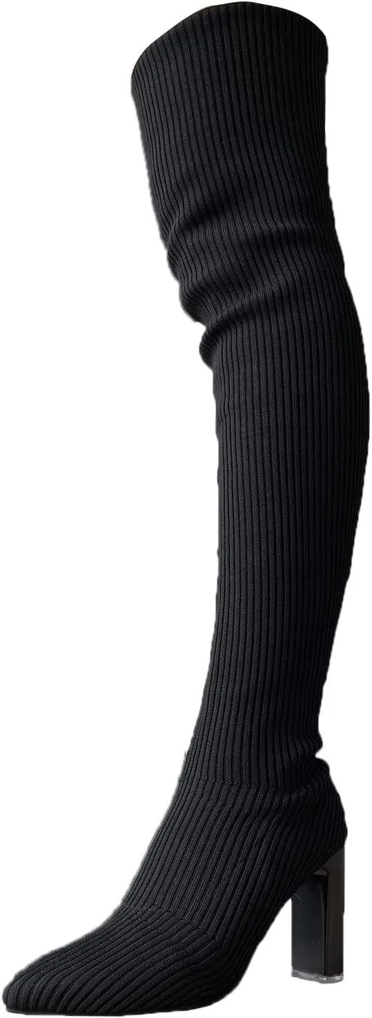 Yanzhenglip Over The Knee Boots for Women Wide Calf Plus Size, Long Boots Knee-High Heel Boots Women's Black Sexy High Boots Chunky Heel Flock Winter Summer Fashion Thigh boots