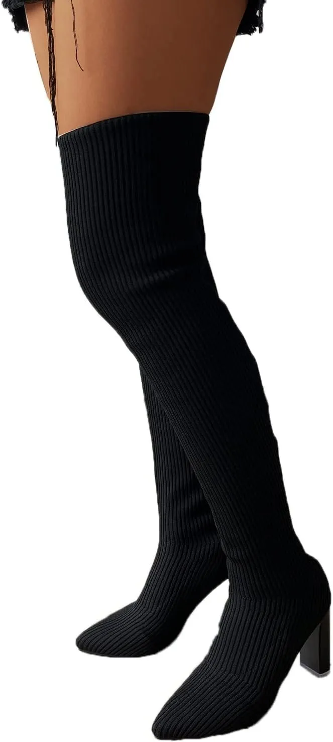 Yanzhenglip Over The Knee Boots for Women Wide Calf Plus Size, Long Boots Knee-High Heel Boots Women's Black Sexy High Boots Chunky Heel Flock Winter Summer Fashion Thigh boots