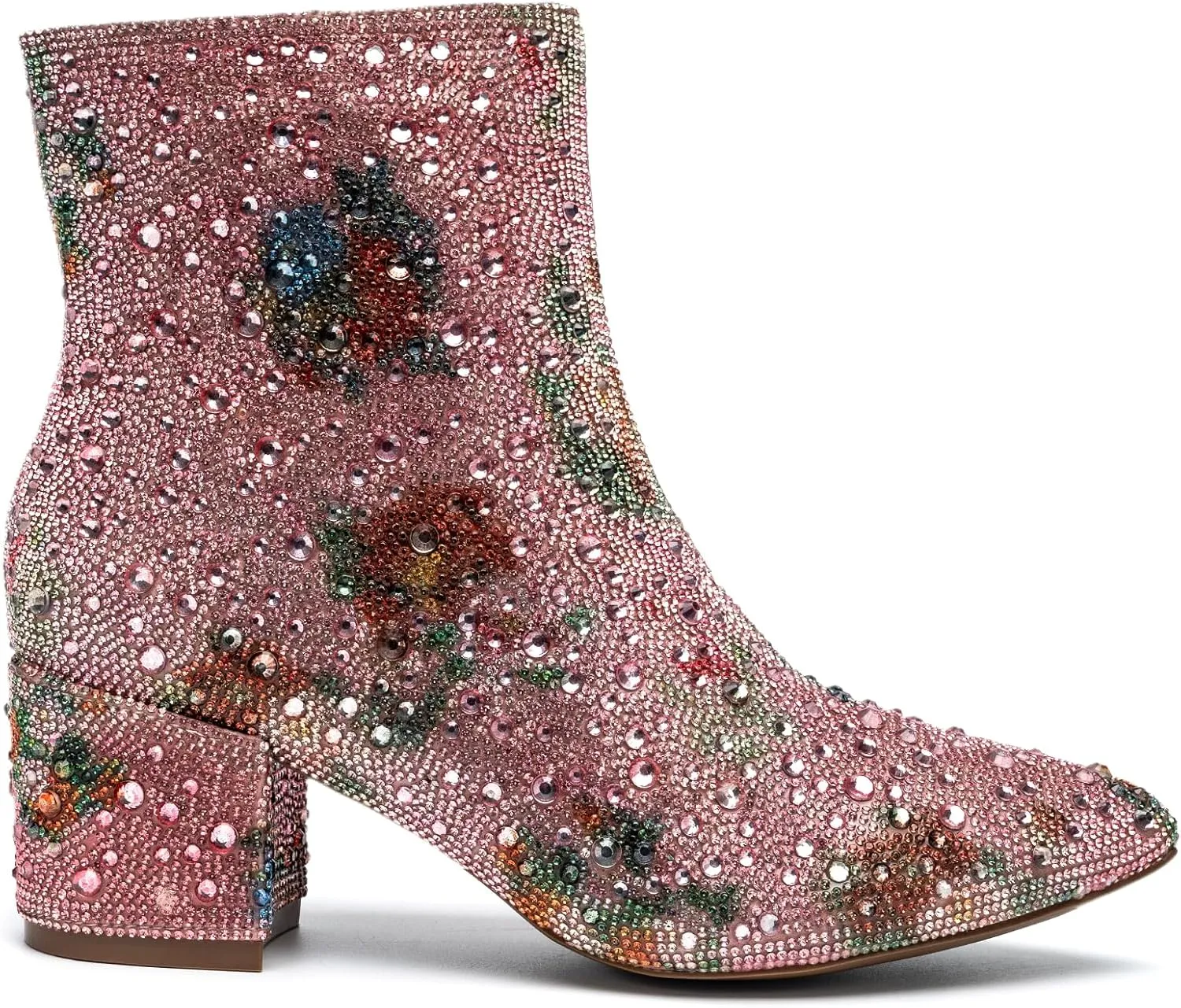 YAYONE Rhinestone Zipper Sparkly Ankle Boots - Glitter Pointed Toe Fashion Comfortable Shoes, Pull on Chunky Heel Western Boots