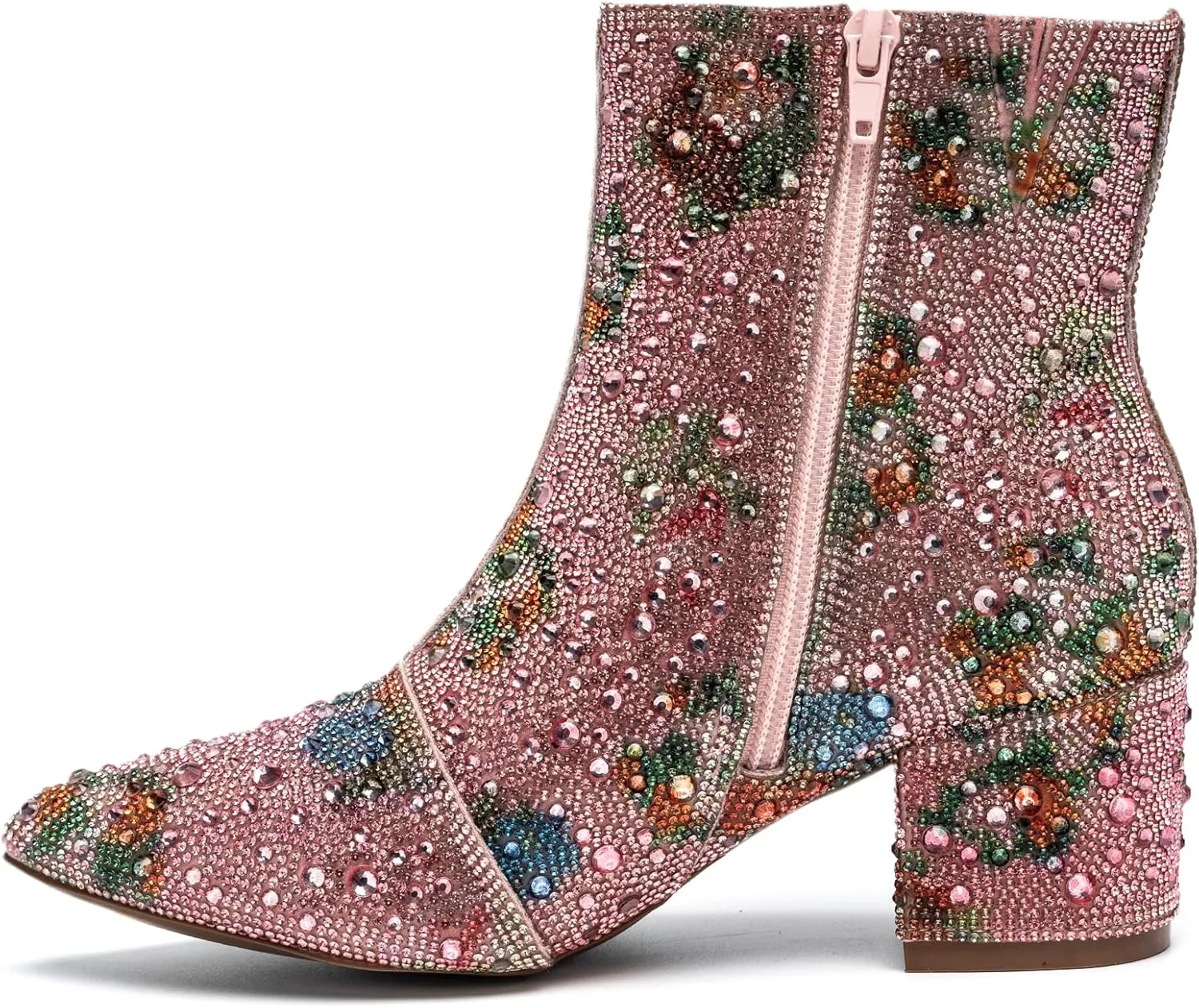 YAYONE Rhinestone Zipper Sparkly Ankle Boots - Glitter Pointed Toe Fashion Comfortable Shoes, Pull on Chunky Heel Western Boots