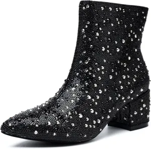 YAYONE Rhinestone Zipper Sparkly Ankle Boots - Glitter Pointed Toe Fashion Comfortable Shoes, Pull on Chunky Heel Western Boots